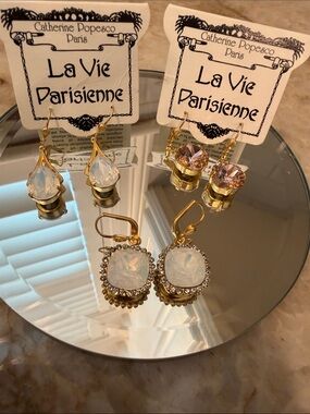 Catherine Popesco Gold-Tone Earring Trio with White and Light Pink Crystals